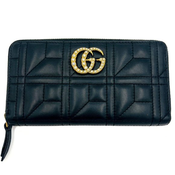 Gucci GG Marmont Matlasse Chevron Pearly Apollo Black Wallet Italy Box New - Picture 1 of 7